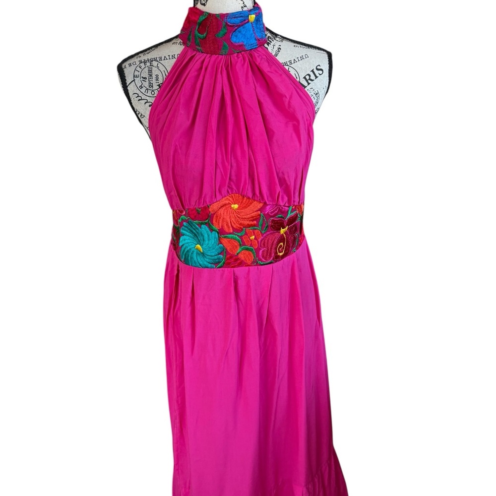 Fuchsia dress, Mexican Embroidered Dress, embroidered Dress, Halter dress
